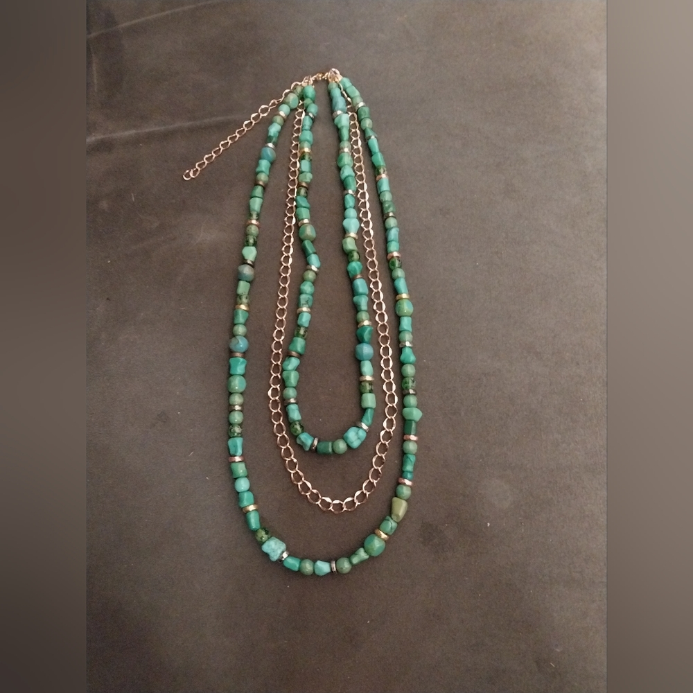 Turquoise,  glass, and Goldstone tri drape necklace.